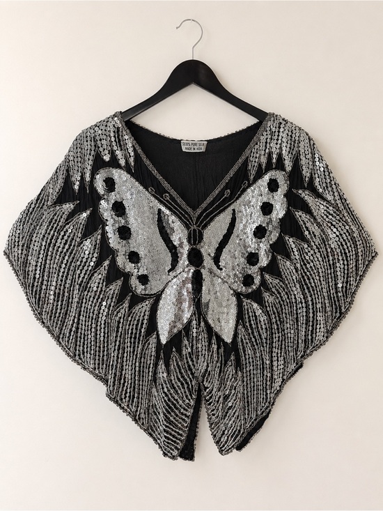 Tops - Vintage Silk Black Sheer Sequin Butterfly Poncho Top Beaded Batwing Festival